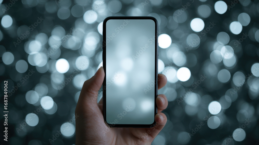 Poster hand holds smartphone against blurred background of shimmering lights, creating modern and stylish a