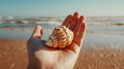 Beautiful seashell rests hand, showcasing its intricate patterns and colors against serene beach backdrop. gentle waves and soft sand create tranquil atmosphere, evoking sense of peace