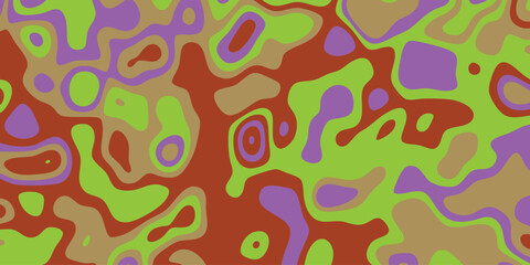 Organic abstract camouflage pattern with irregular blobs of lime green, purple, brown, and rust red for unique textures, modern backgrounds, and creative design applications