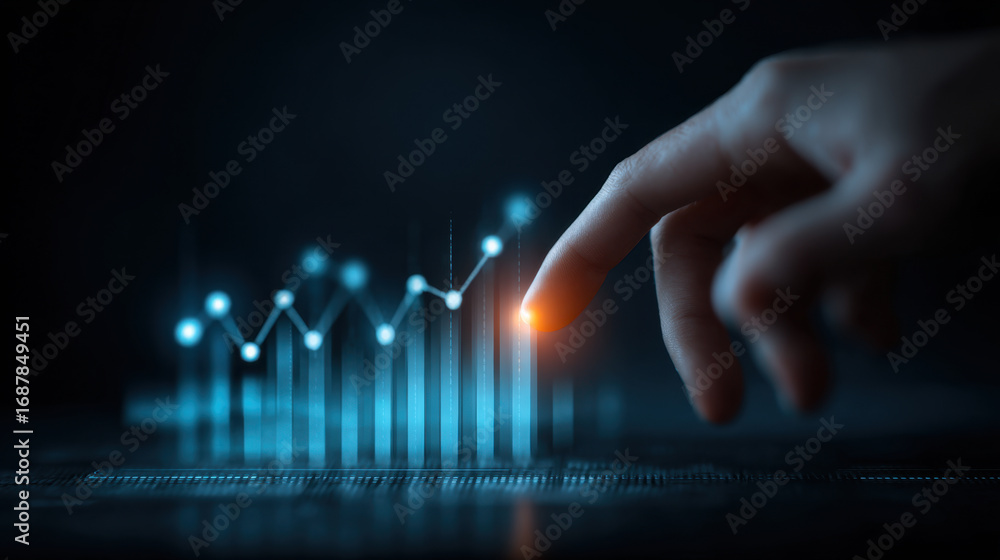Poster digital hand interacting with glowing data visualization, representing growth and analytics in moder