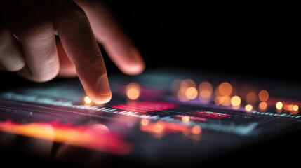Close up of hand interacting with digital tablet, showcasing vibrant sound waveforms and colorful visualizations. scene conveys sense of creativity and technology in music production