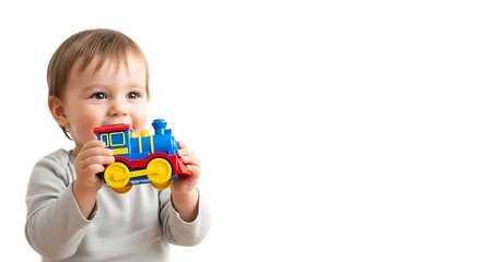 Baby Holding a Colorful Toy Train Isolated on White Background