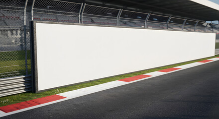 A blank billboard on a racetrack next to a fence and a curb with red and white markings
