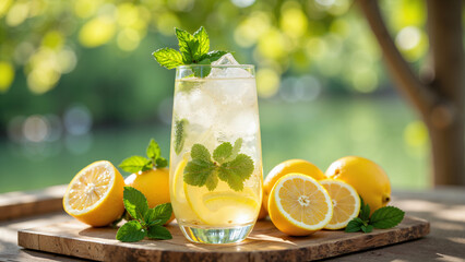 Fototapeta premium glass of lemonade with lime and mint