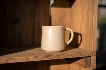 Fototapeta premium Stock photo of a white mug on a wooden shelf, partially lit by sunlight