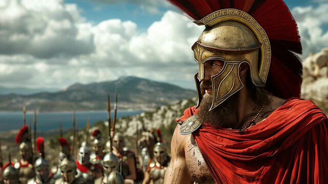 Ancient soldier leading disciplined troops prepared for battle on a bright and sunny day
