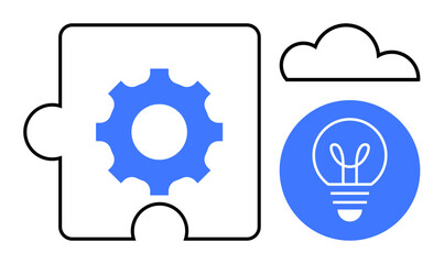 Gear puzzle piece near light bulb icon, accompanied by a cloud. Ideal for innovation, teamwork, problem-solving, creativity, technology, brainstorming, minimal design simple landing page
