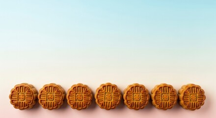 Fototapeta premium Seven Intricate Mooncakes in a Perfect Row on a Soft Pastel Gradient.