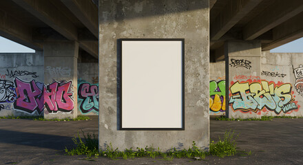 A blank poster fixed on a concrete pillar under a bridge with graffiti on the surrounding walls