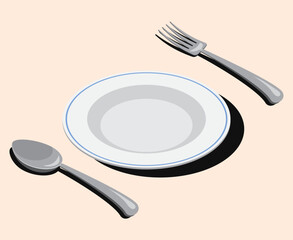 Isometric cutlery set with spoon, fork, and plate. Isometric cutlery. Isometric tableware. Vector illustration