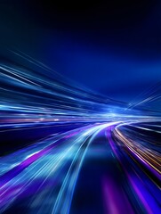 Blue digital expressway with radiant lines illustrating internet connectivity and rapid transfer