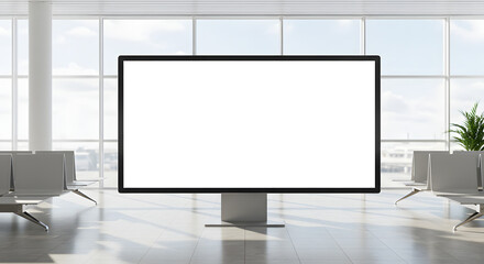 Blank billboard in airport lounge with seating and large windows providing natural light and plant