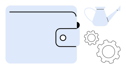Wallet symbolizes savings, gears denote strategy, and watering can represents growth. Ideal for personal finance, investment, productivity, strategy, financial management, economic growth and simple