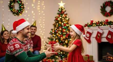 A man in a Santa hat gives a gift to a young girl during a Christmas celebration with family in a festively decorated room