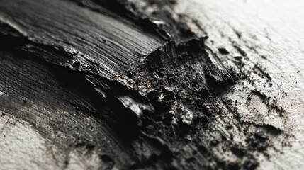 Close-up abstract view of smeared black paint on textured paper, with shallow depth