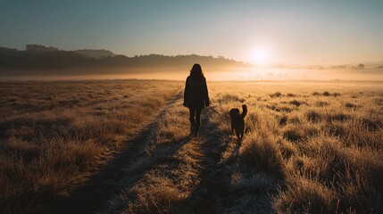 A person walks their dog through a misty field at sunrise, with frost on the grass.