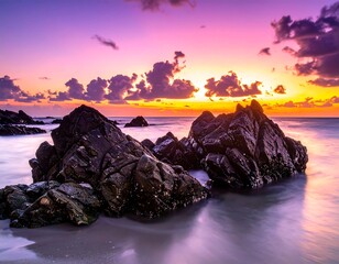 Dramatic sunset over rocks at the beach