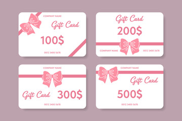 Set of gift cards with pink and white graphic designs bows for shopping and celebrating special occasions.