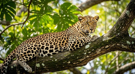 Wild Leopard (Panthera pardus) Resting on Tree Branch in Lush Tropical Forest