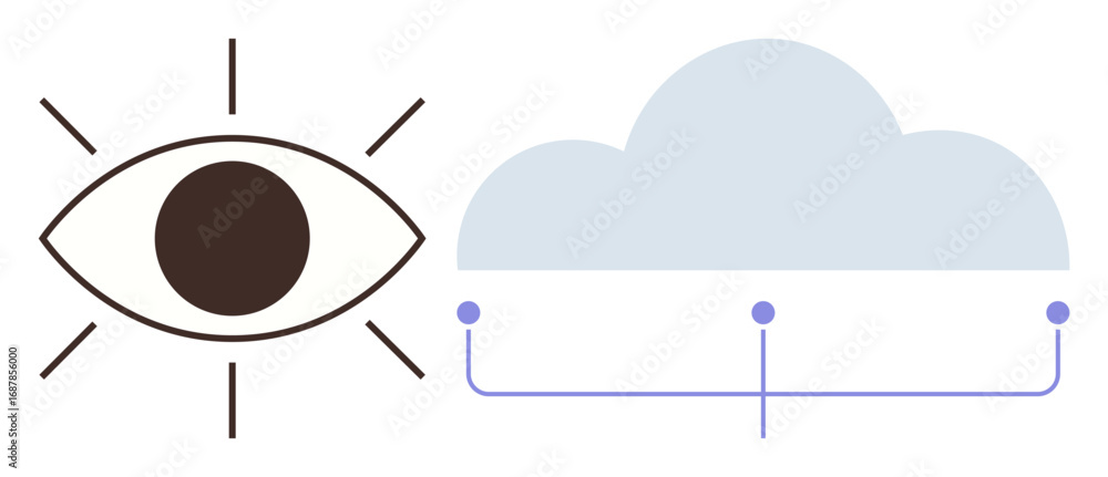 Poster eye symbol next to a cloud connected by lines. ideal for vision, connectivity, ai, cloud computing, 
