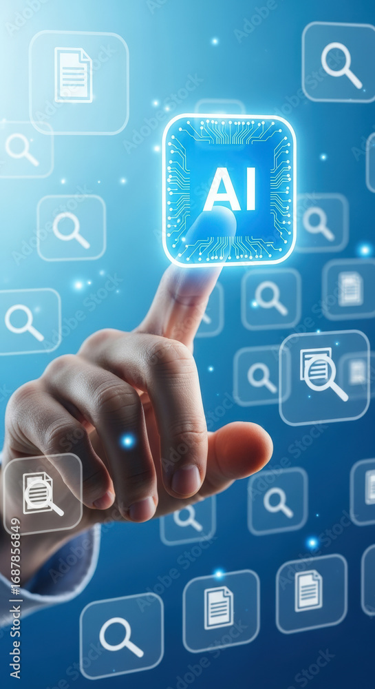 Fototapete hand touching virtual ai icon on futuristic digital interface with search and document symbols. conc