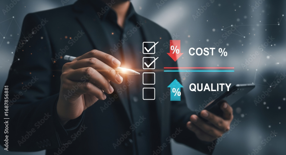 Aufkleber businessman using digital checklist with cost reduction and quality improvement indicators. concept 