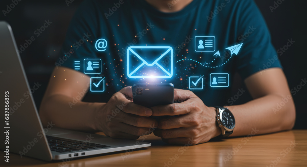 Poster man using smartphone with holographic email icons and digital communication symbols. concept of onli