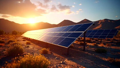 Solar panels at sunset in desert