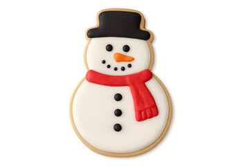 Fototapeta premium Snowman christmas cookie with red scarf and black hat on transparent background