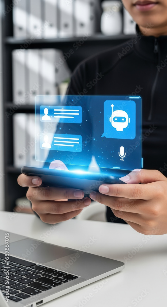 Poster woman using smartphone with holographic chatbot interface and digital conversation icons. concept of