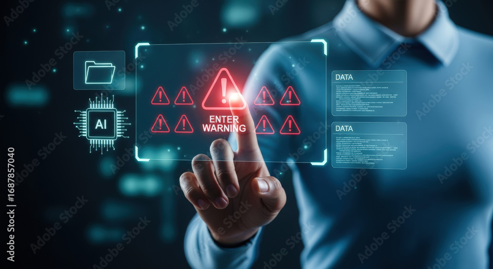 Poster businesswoman touching virtual screen with ai system warning alert and data interface. concept of cy