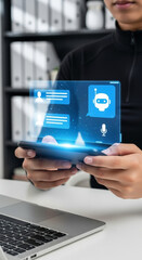 Woman using smartphone with holographic chatbot interface and digital conversation icons. Concept of artificial intelligence, customer support and virtual communication
