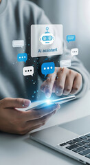 Person using smartphone with holographic AI assistant and chat bubbles interface. Concept of artificial intelligence, virtual assistant and digital communication
