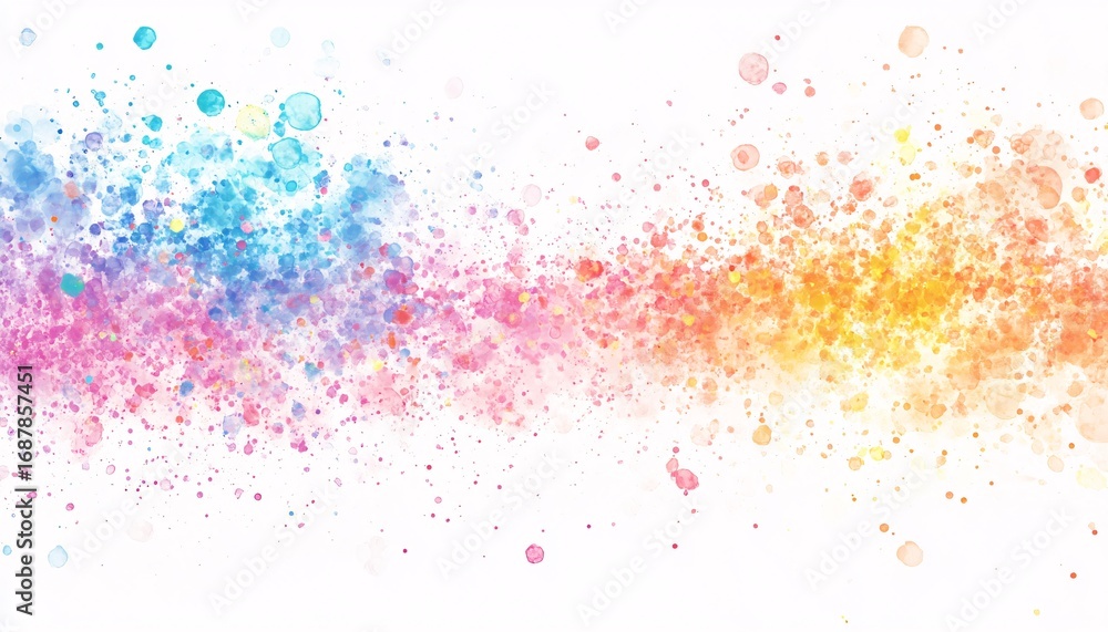 Poster the image shows a colorful horizontal watercolor wash with many splatters of paint in varying sizes 
