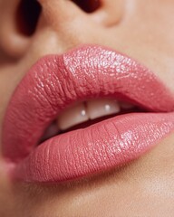 Obraz premium Close-up of female model & elegant lips with radiant bright and vibrant color lips holding lipstick tube, professional beauty shoot for cosmetic, advertising and luxury makeup brand promotion