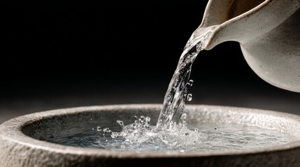 Close-up of water poured from ceramic pitcher into stone basin, smooth flow in quiet ritual.