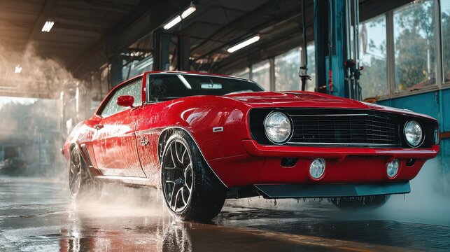 Shimmering red classic muscle car getting a detailed wash in a professional garage, water spraying dynamically.