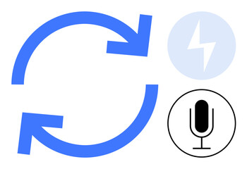 Blue circular arrows indicate cycles or updates, microphone implies voice control or recognition, and lightning bolt conveys energy or quick action. Ideal for technology, energy, updates, voice
