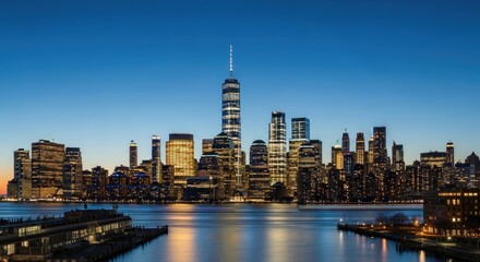 A nighttime cityscape featuring illuminated skyscrapers under a blue sky reflected in calm water