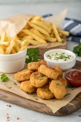 Naklejka premium Crispy Fried Chicken Nuggets with Golden Fries – Fast Food Plate, Photorealistic
