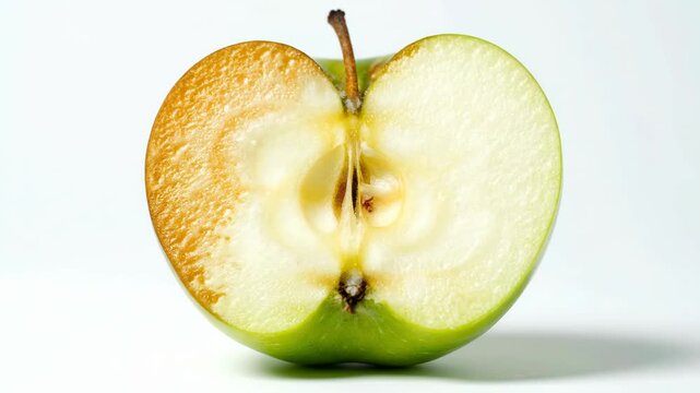Sliced green apple one half browned Center shows stem  seed cavity Crisp  aged halves starkly contrasted isolated on white surface