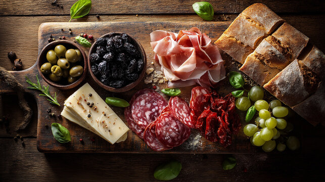 Italian antipasti ingredients set, rustic wooden board with prosciutto, salami, parmesan chunks, olives, sun-dried tomatoes, roasted peppers, fresh bread, grapes - Powered by Adobe