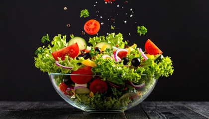 Fresh vegetable salad with lettuce, tomato, cucumber, black olive, and onion slices in glass bowl with herbs and seasoning falling, healthy food concept