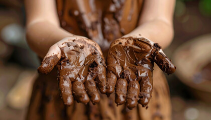 Dirty hands covered with wet mud and soil, showing playful and messy activity outdoors with natural earth texture and brown color on skin