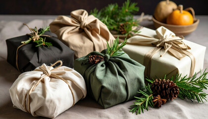 Eco friendly gift wrapping with fabric and natural decorations like pine cones and rosemary sprigs, creating warm and festive atmosphere for holiday celebrations