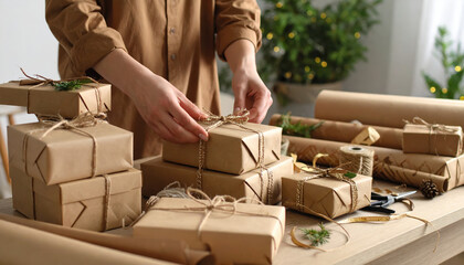 Person wrapping gift boxes with brown paper and twine on wooden table with craft supplies and greenery in cozy room