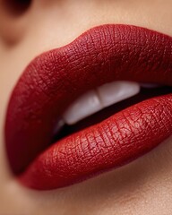 Obraz premium Close-up of female model & elegant lips with radiant bright and vibrant color lips holding lipstick tube, professional beauty shoot for cosmetic, advertising and luxury makeup brand promotion