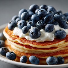 Stack of Pancakes with Yogurt and Blueberries