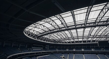 Large modern sports stadium interior with empty blue seats and transparent arched roof structure