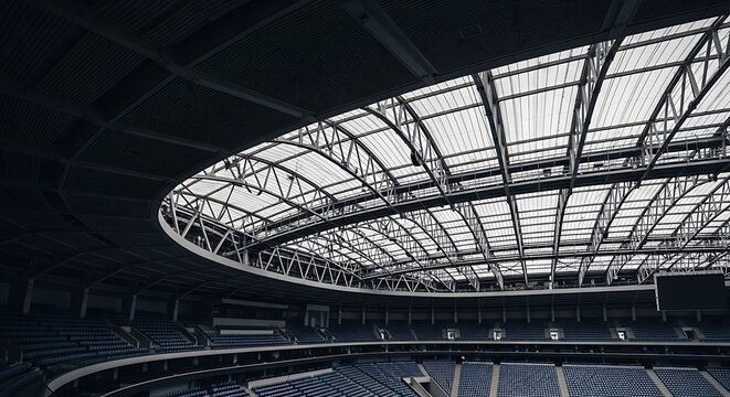 Large modern sports stadium interior with empty blue seats and transparent arched roof structure